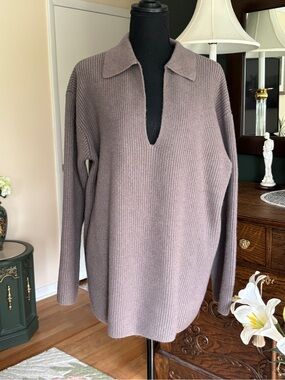 H&M Oversized Ribbed Knit Polo Sweater Taupe Brown V-Neck Tunic Size XL
